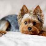 a yorkie on the bed