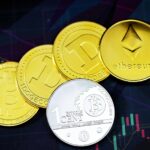 Gold round coins on a black surface