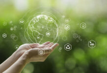 Sustainable development goal (SDGs) concept.Hands holding Global communication network with Environment icon on a green background.Green technology and Environmental technology.ESG
