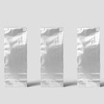 Three shiny silver custom Mylar stand-up pouches displayed on a clean light background